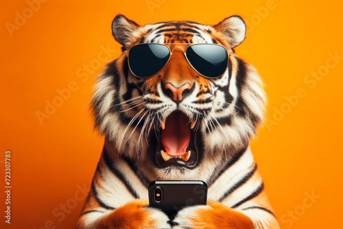 Shocked tiger in sunglasses holding smartphone on solid bright orange background. ai generative
