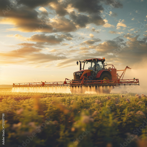 Agricultural sprayer in action, farmer controlling, modern equipment, spray mist, cloudy morning sky © Creatizen