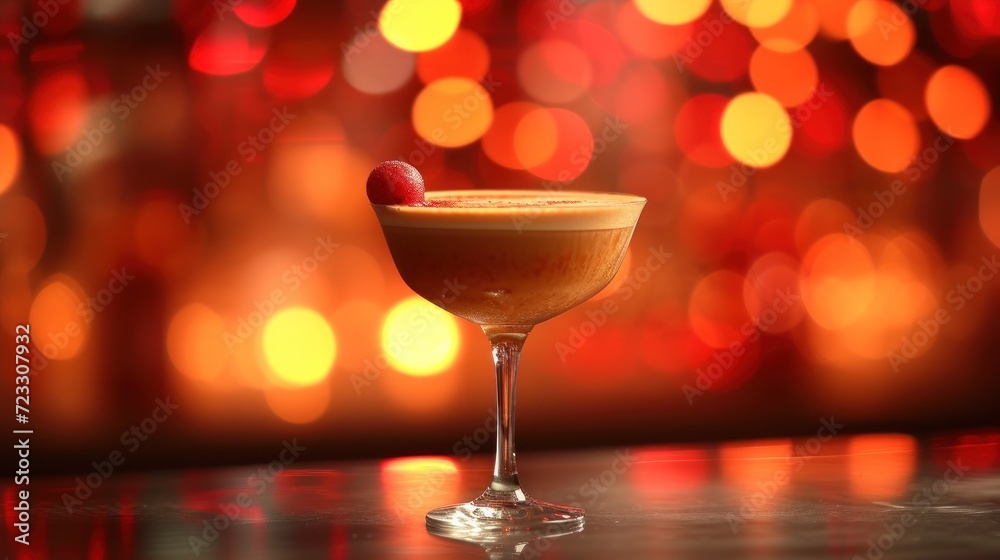  a drink sitting on top of a table next to a red and yellow boke of lights and a red and yellow christmas ornamentry in the background.