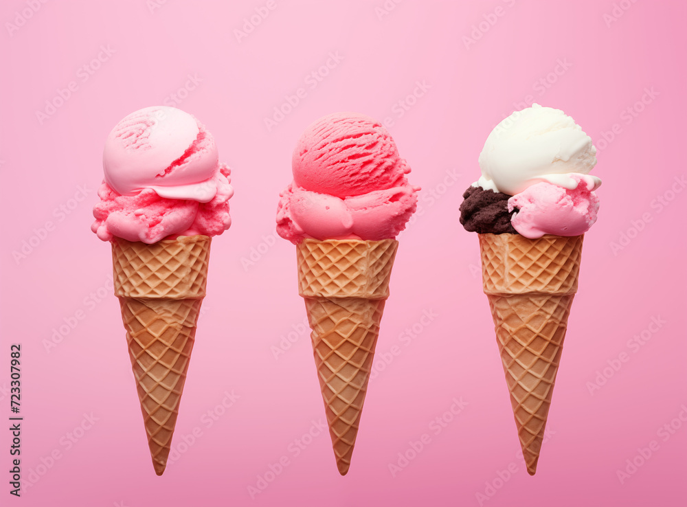 Various ice cream on pink pastel background. Summer creative concept.