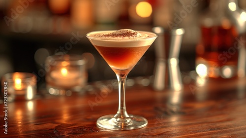  a close up of a drink in a glass on a table with candles in the background and a blurry image of a bar in the back ground behind it.