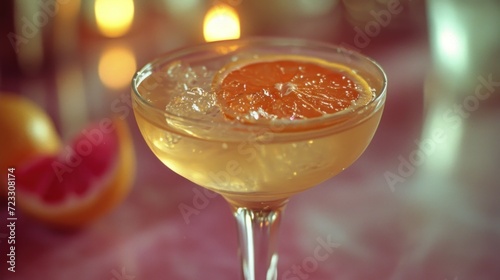  a close up of a drink in a glass with a slice of an orange on the side of the glass and a grapefruit on the side of the glass.