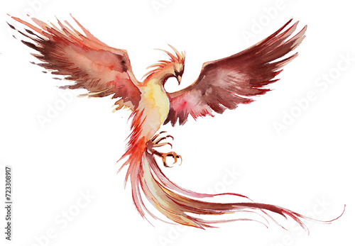 Phoenix watercolor painting. Magical creature watercolor artwork. Phoenix illustration. Wizard's world concept. Fantasy themed clipart isolated on a white background.