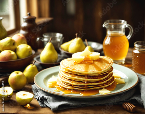 american style pancakes served with pears and honey