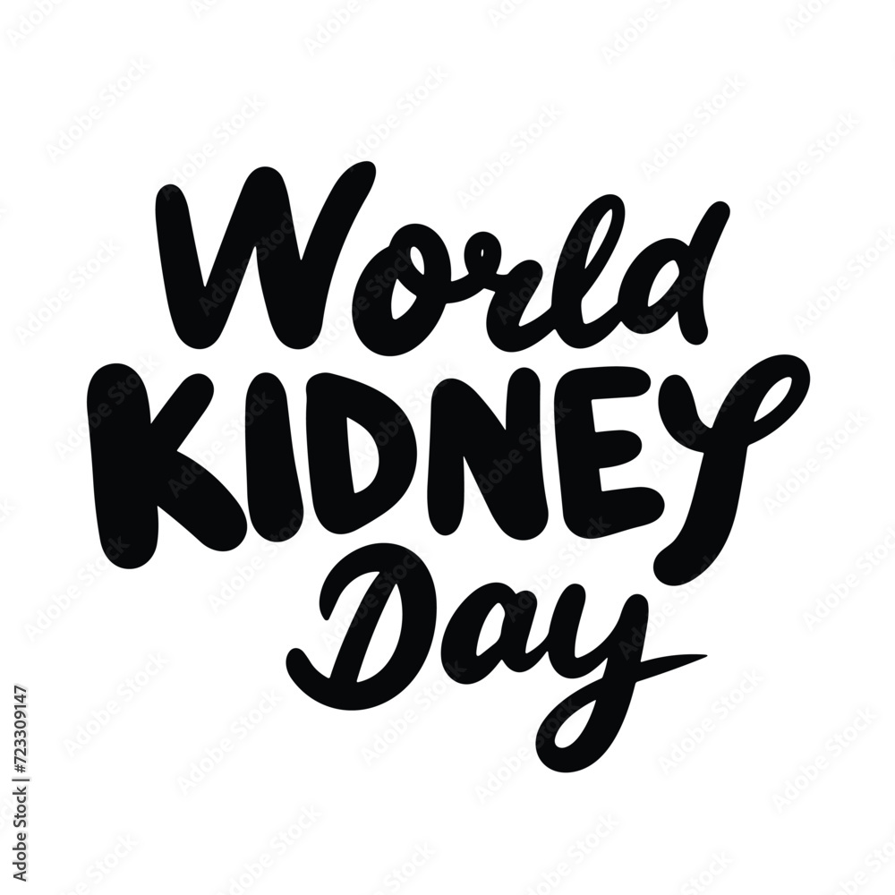 World Kidney Day text banner in black color. Isolated handwriting inscription, World Kidney Day. Hand drawn vector art.