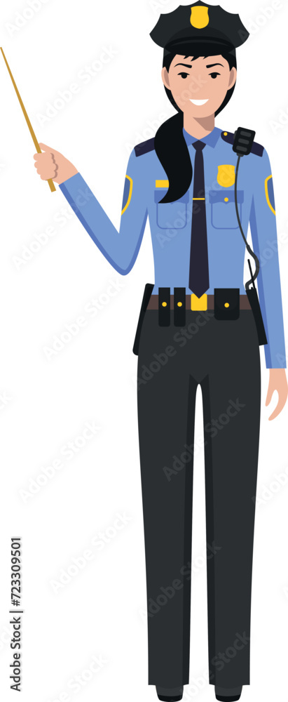 Standing American Policewoman Officer with Wooden Pointer Stick in Traditional Uniform Character Icon in Flat Style. Vector Illustration.