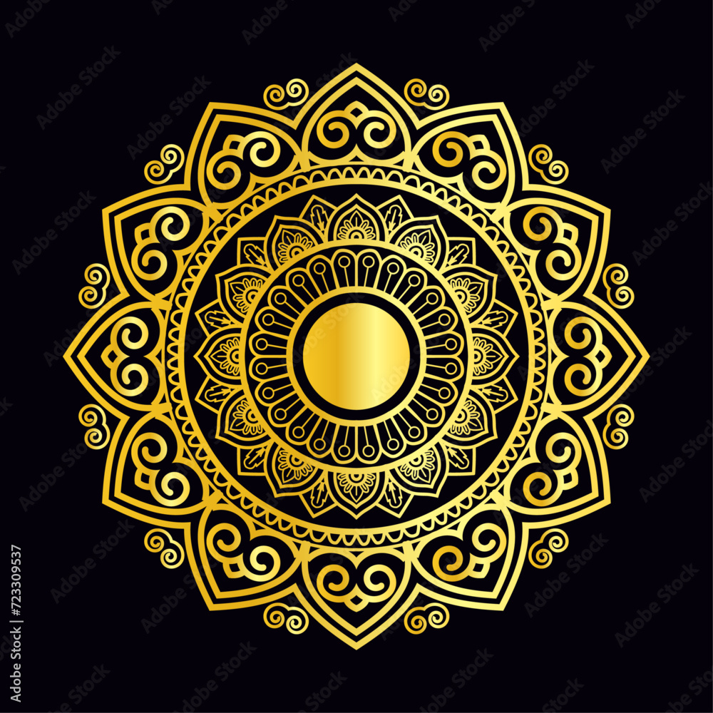 Luxury mandala design black background in gold color Luxury mandala design black background in gold color