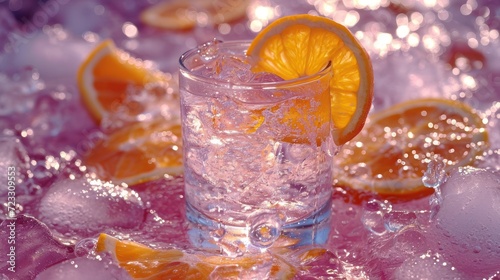  a close up of a glass of water with an orange slice on the rim and ice cubes on the bottom of the glass and on the bottom of the glass.