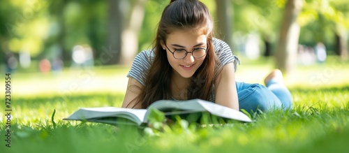 A young female college student lying on the grass park and reading a book at summer. AI generated