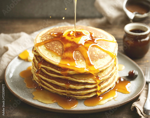 delicious caramel glazed pancakes stack isolated on wooden table background
