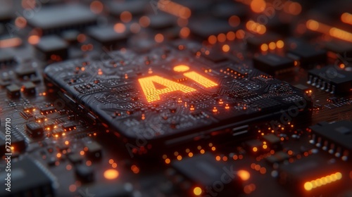 3D render of processor and chips with artificial intelligence symbol. Generative AI