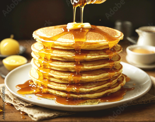 top view, a stack of pancakes with syrup dripping down the top