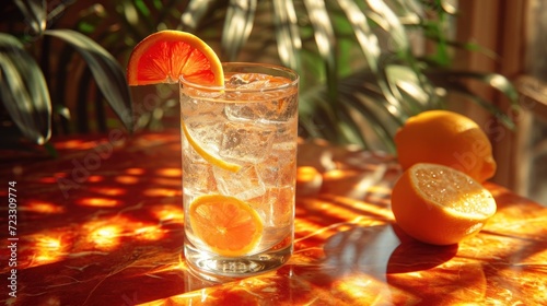  a close up of a glass of water with an orange slice on the side of the glass and another orange slice on the side of the glass on the table.