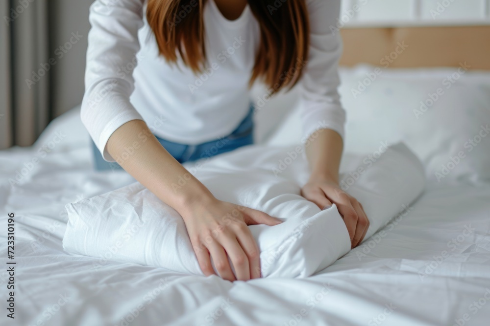Closeup of woman fitting white sheet onto bed mattress indoors Closeup of woman fitting white sheet onto bed mattress indoors