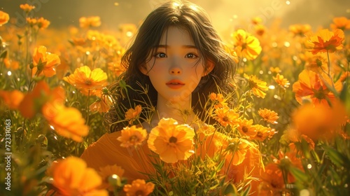  a woman standing in a field of flowers with the sun shining down on her and her hair blowing in the wind and her face slightly to the side of the camera.