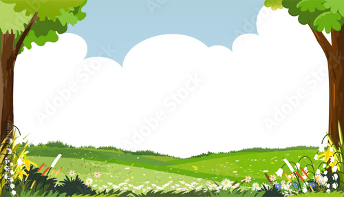 Spring background with rural grass field landscape, green leaves border on blue sky background,Vector cute cartoon for Easter with copy space sky and cloud,Backdrop banner for Hello spring, Summer