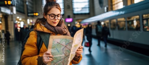 Woman traveler wearing yellow jacket holding map paper inside train station. AI generated image