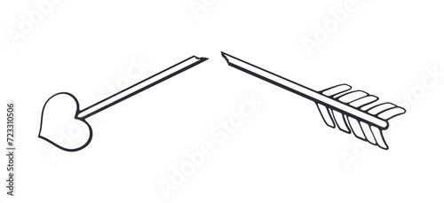 Outline of Broken Cupid Arrow with a Heart Shaped Tip. Valentines Day Symbol. Vector Illustration. Hand drawn Doodle Clip Art. Design Element Isolated on White Background