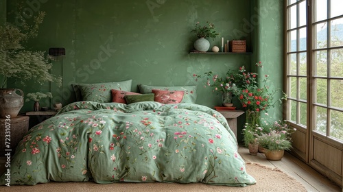  a bedroom with green walls and a bed covered in a green flowered comforter with pink flowers on the comforter and a potted plant next to the bed. photo