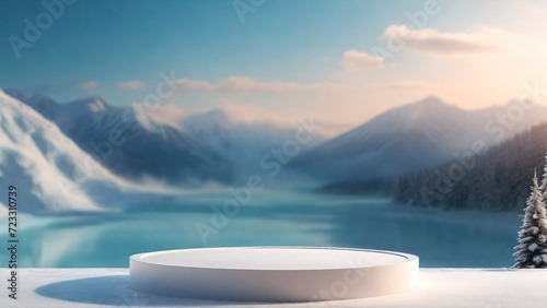 White podium on the background of snow mountains and lake. 3d render