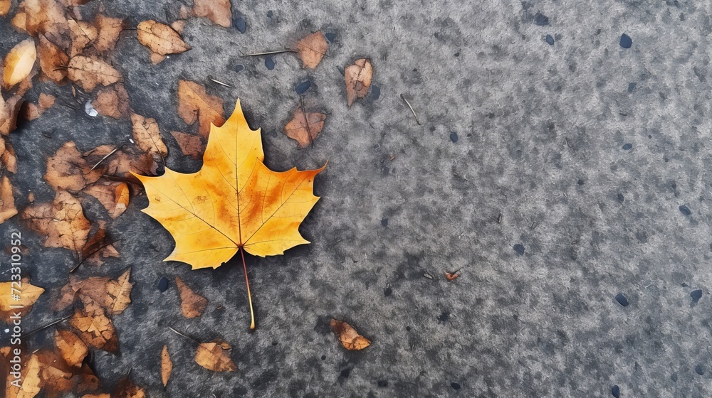 Directly above shot of autumn leaf on footpath Directly above shot of autumn leaf on footpath