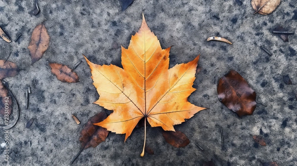 Directly above shot of autumn leaf on footpath Directly above shot of autumn leaf on footpath
