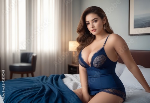 A plus-size model in a blue lingerie sits on a bed. © OlScher