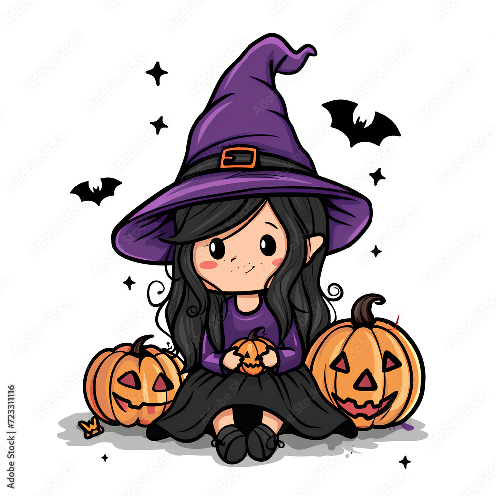 Fototapeta premium Witch holding a pumpkin in a Halloween-themed cartoon illustration with a touch of magic and autumn vibes, featuring a stylish black-haired lady in a dark dress and hat.
