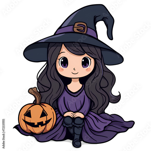 Witch holding a pumpkin in a Halloween-themed cartoon illustration with a touch of magic and autumn vibes  featuring a stylish black-haired lady in a dark dress and hat.