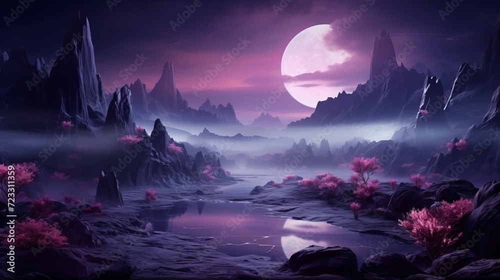 Dreamlike and surrealistic landscape in purplish tones - obrazy, fototapety, plakaty 