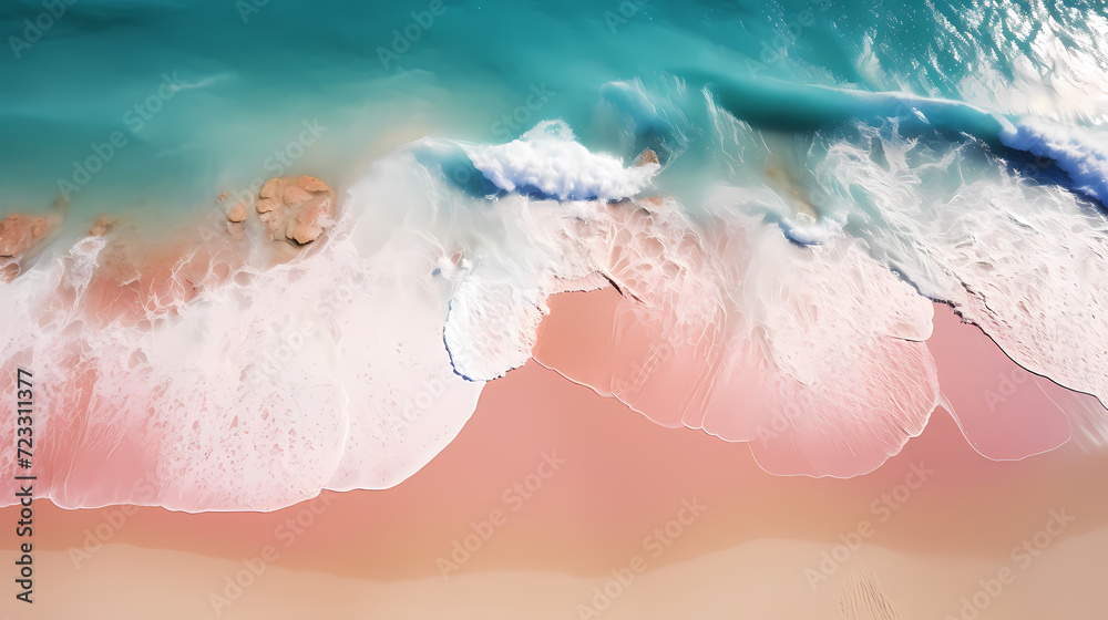 Aerial view of beautiful beach, simple, calm composition in clear blue