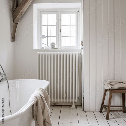 A corner of a all white bathroom with a radiator under a window, wooden stool, and folded towels. The image emanates a cozy and rustic charm, suitable for home decor inspiration.