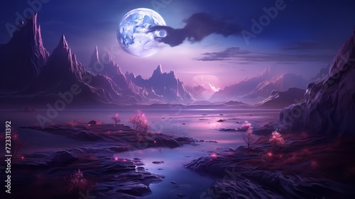Dreamlike and surrealistic landscape in purplish tones