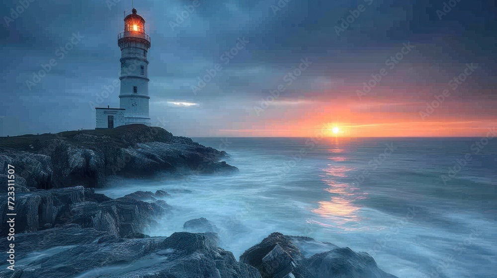  a light house sitting on top of a cliff next to a body of water with the sun setting in the sky over the ocean and a rocky shore with rocks in the foreground.