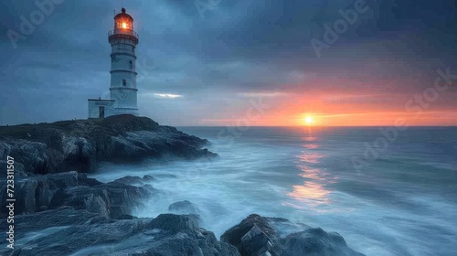  a light house sitting on top of a cliff next to a body of water with the sun setting in the sky over the ocean and a rocky shore with rocks in the foreground.
