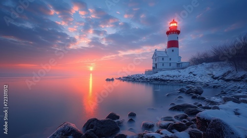  a red and white light house sitting on top of a snow covered hill next to a body of water with a red and white light house in the middle of it. photo