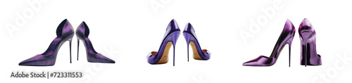 Stiletto high-heel glamour feminine PURPLE shoes. Set of high heel pairs in various angles, models and shapes. Isolated transparent PNG background. Premium flawless pen tool cutout. 