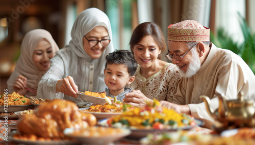 Family with elderly grandparents  grandchild and friends coming together to celebrate Eid al-Fitr