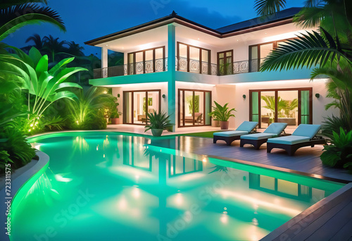 Luxurious tropical villa with swimming pool and exquisite architecture in a lush green garden  evening lighting of the relaxation area 