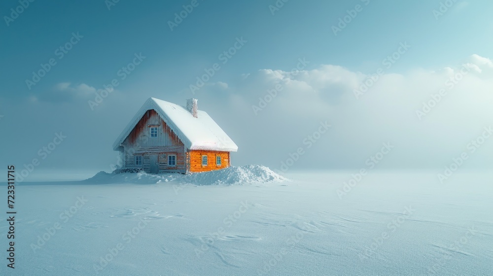 a small house sitting on top of a pile of snow in the middle of a field covered in snow with a blue sky in the background and a few clouds. a small house sitting on top of a pile of snow in the middle of a field covered in snow with a blue sky in the background and a few clouds.