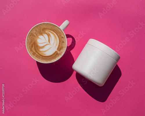 White jar mockup with latte on pink background