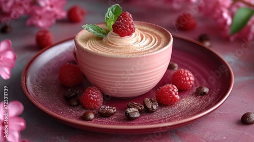  a cup of coffee with whipped cream and raspberries on a pink plate with coffee beans and raspberries on a pink plate with pink flowers in the background.