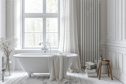 An all white bathroom with freestanding bathtub in a bright room with natural light from a window, and wooden flooring. ideal for interior design and relaxation themes. © Silga