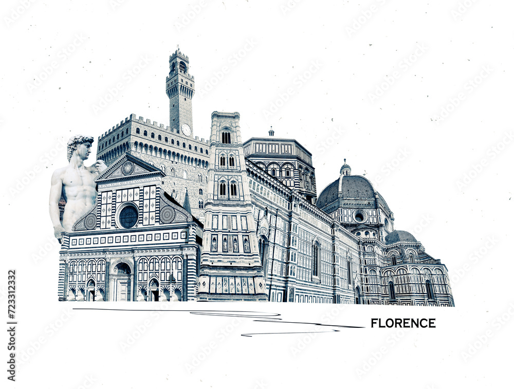 Collage of landmarks of Florence, Italy. Basilica of Santa Maria del Fiore or Basilica of Saint Mary of the Flower in Florence, Italy