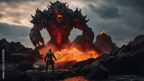 dragon at sunset A brave knight in shining armor stands on a rocky platform, facing a giant lava demon that emerges from magma  photo