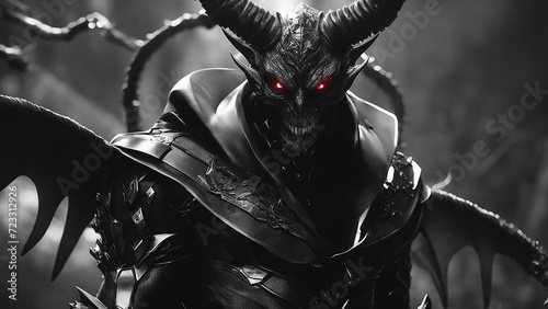 the black dragon black and white photo A demon monster that has been enhanced and modified by a rogue scientist with red eyes 