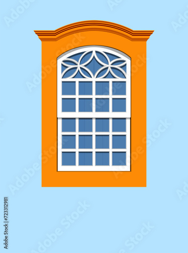 Paraty, Brazil. Orange, blue and white colored window of house from the colonial period in the historic center. EPS vector realistic illustration.