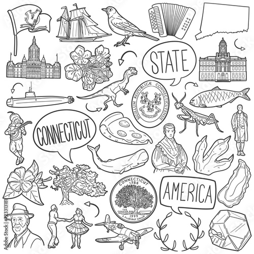 Connecticut State Doodle Icons Black and White Line Art. CT United States Clipart Hand Drawn Symbol Design.