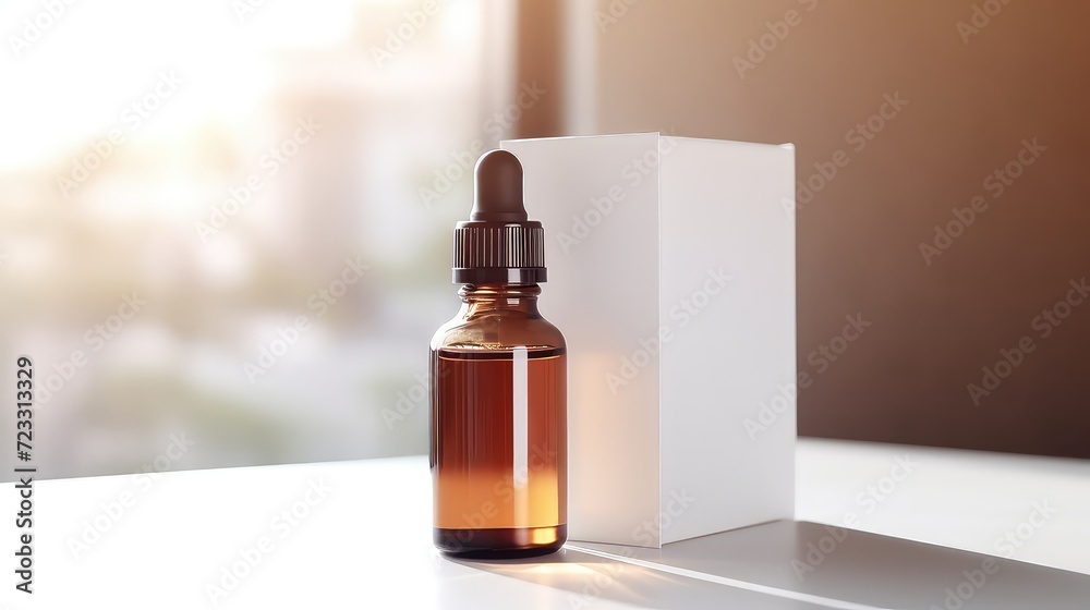Amber glass dropper bottle with pipette on white table, mockup Amber glass dropper bottle with pipette on white table, mockup