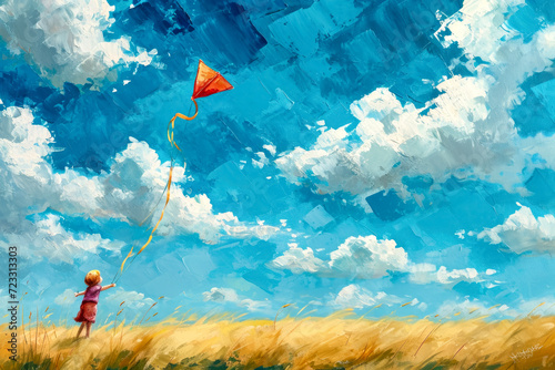 Generate a joyful and uplifting painting of a child flying a kite on a breezy summer day, with a backdrop of vibrant blue skies #723313303